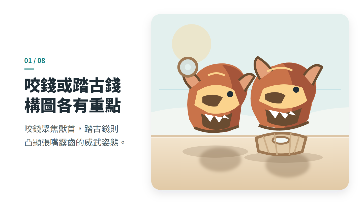 咬錢或踏古錢 構圖各有重點