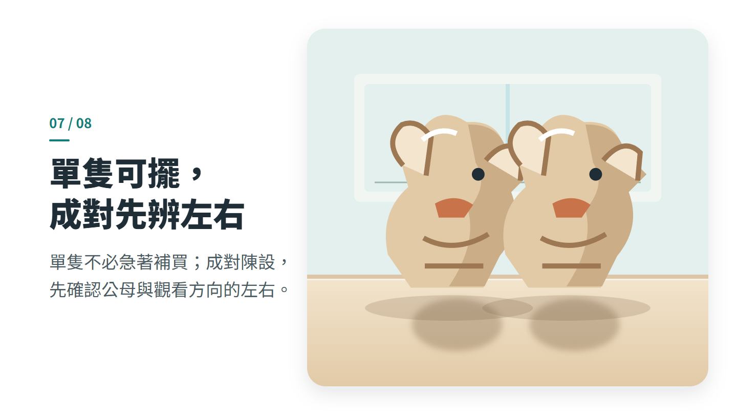單隻可擺， 成對先辨左右